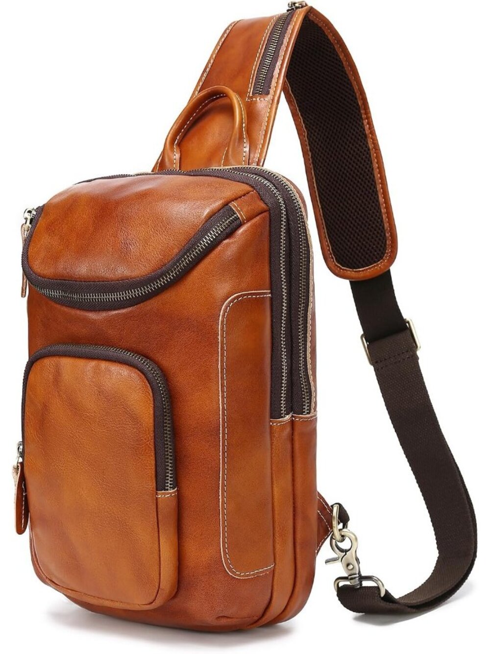 Unisex Yellow Vintage Full Grain Leather Sling Chest Bag Daypack Crossbody Bag